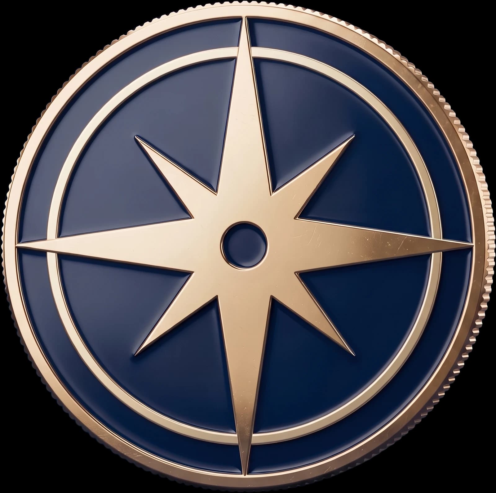 The FrontierTokens token: a navy enamel coin carrying the gold compass rose